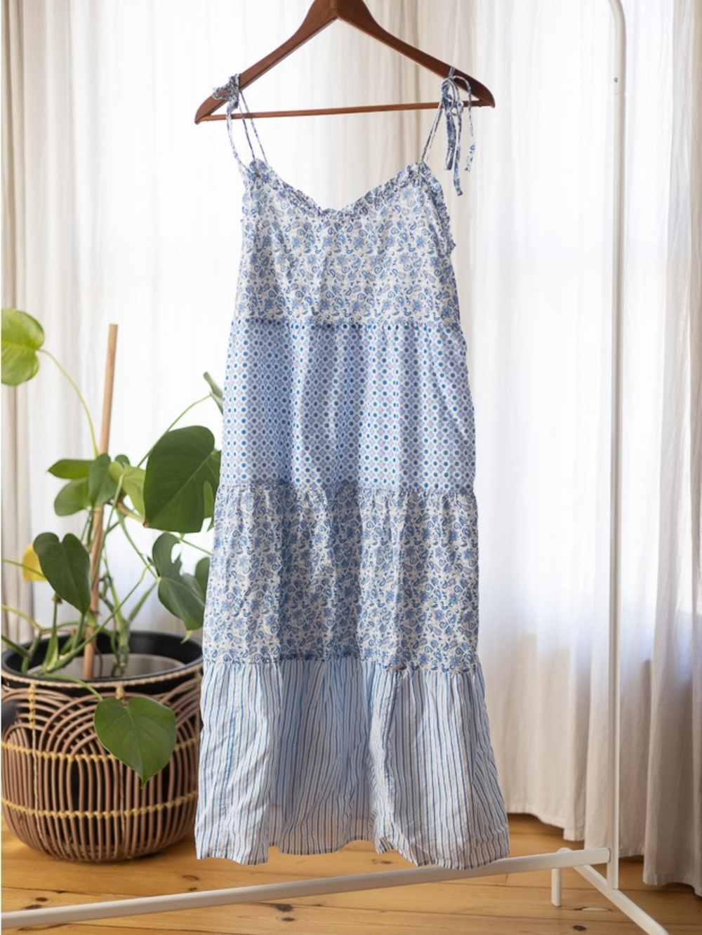 J. Crew Blue and White Tiered Mix-Print Sundress